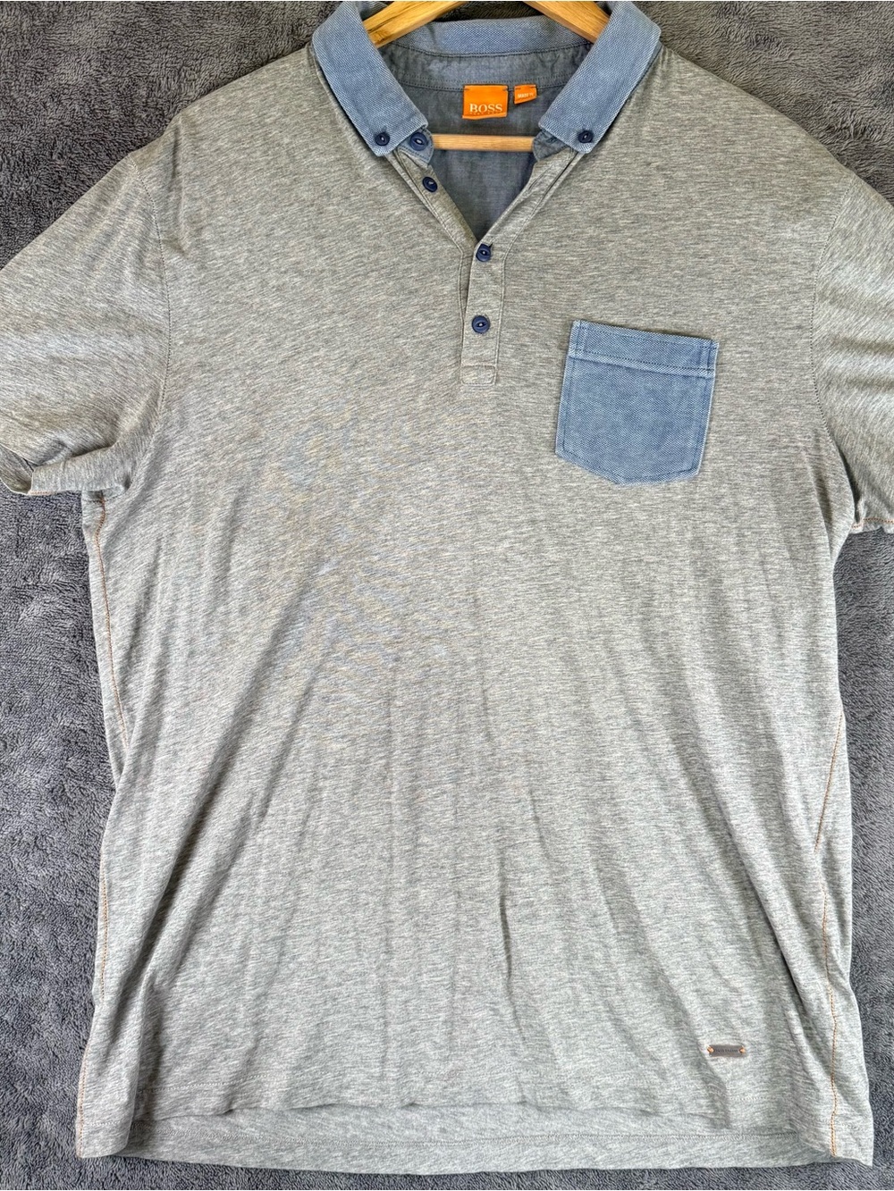HUGO BOSS Orange Mens XL Grey Polo Shirt Short Sleeve Blue Contrast Pocket Logo